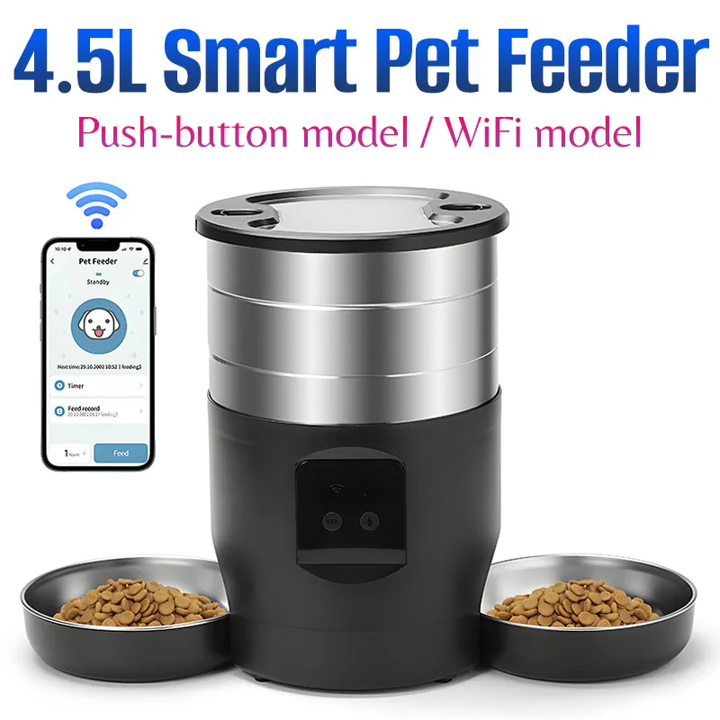 Removable 4.5L Push-button / WiFi Automatic Cat and Dog Smart Feeder Includes Two Stainless Steel Bowls Charging / Battery