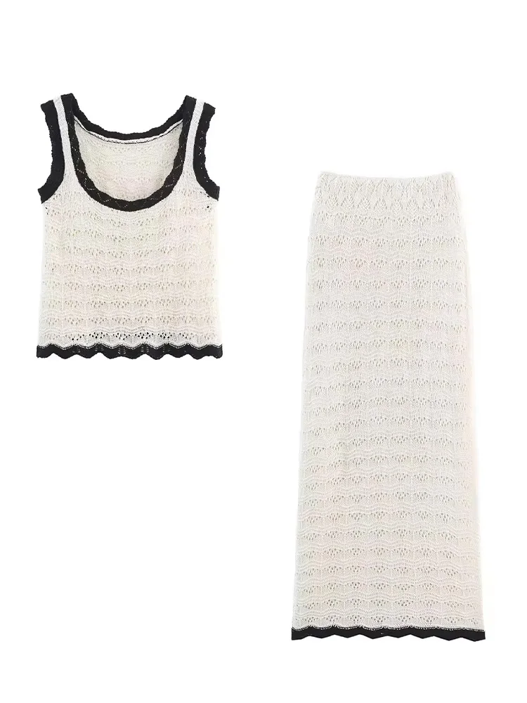 

HH Women's Summer Fashion Knitted Skirts Set Solid Round Neck Sleeveless Top+Chic High Waist Hollow Elastic Waist Midi Skirt