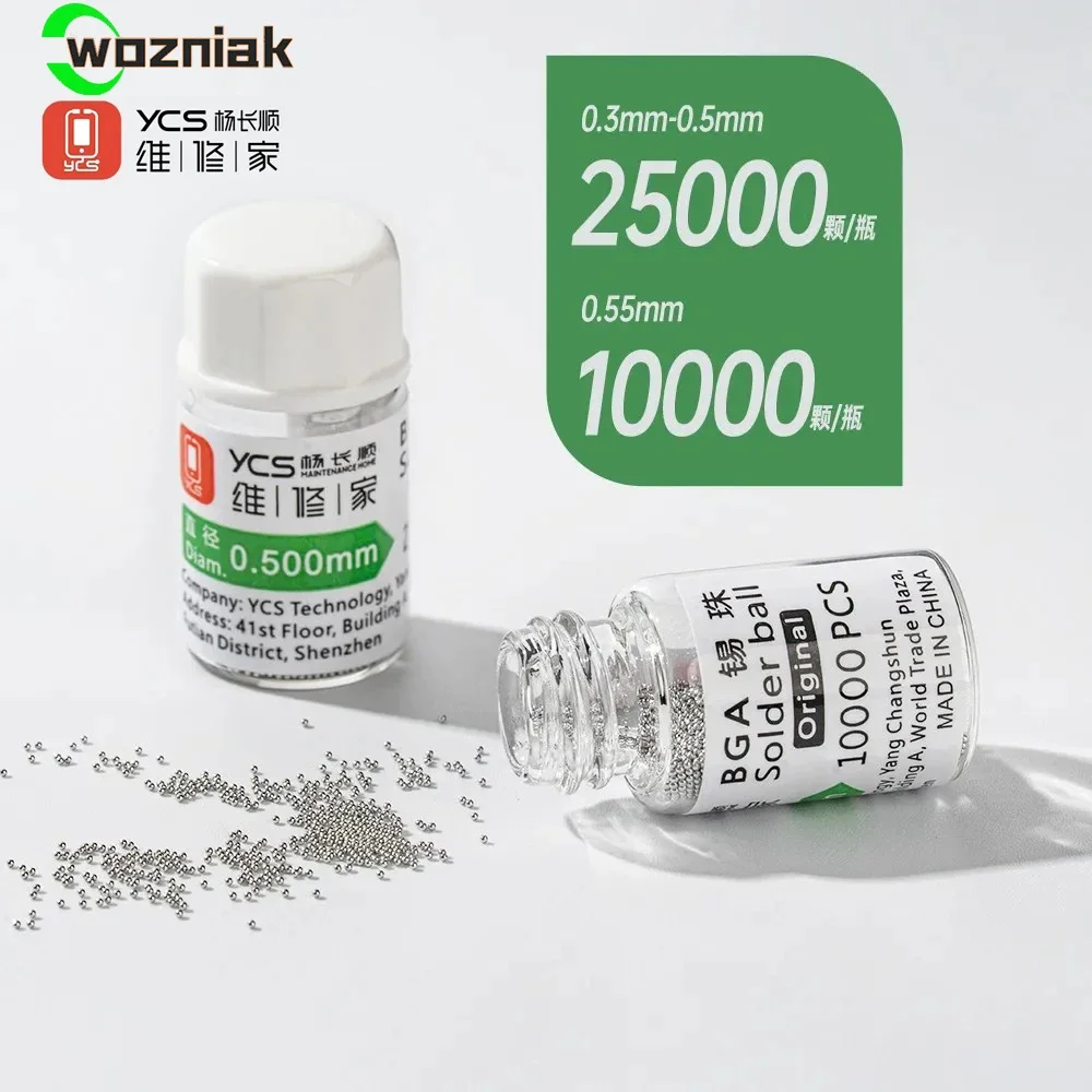 Bolas de soldadura YCS BGA 0,3 0,35 0,4 0,45 0,5 0,55mm botella de varios tamaños para teléfono móvil IC Chip BGA Reballing bolas soldadura