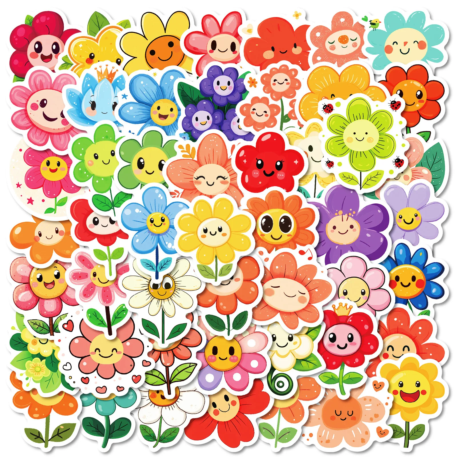 10/30/50Pcs Colorful Smile Flower Paper Stickers Cartoon Square Decals For Skateboard Laptop Water Bottle Car Party DIY Decor