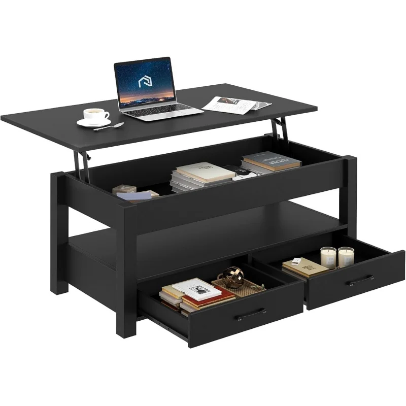 

47.2 Lift Top Coffee Table with Drawers and Hidden Compartment in Retro Style, Living Room, Black