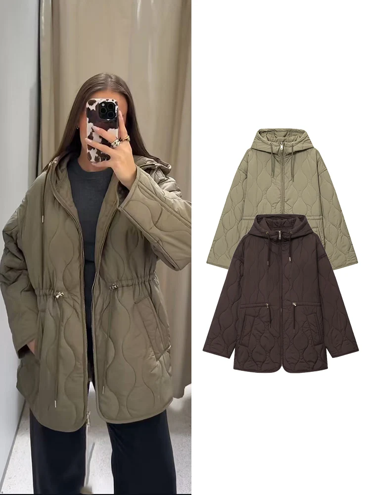 

Осенние новые женские ретро длинные куртки с большим карманом и капюшоном для отдыха, свободные стеганые хлопковые куртки с длинными рукавами на шнурке, пальто