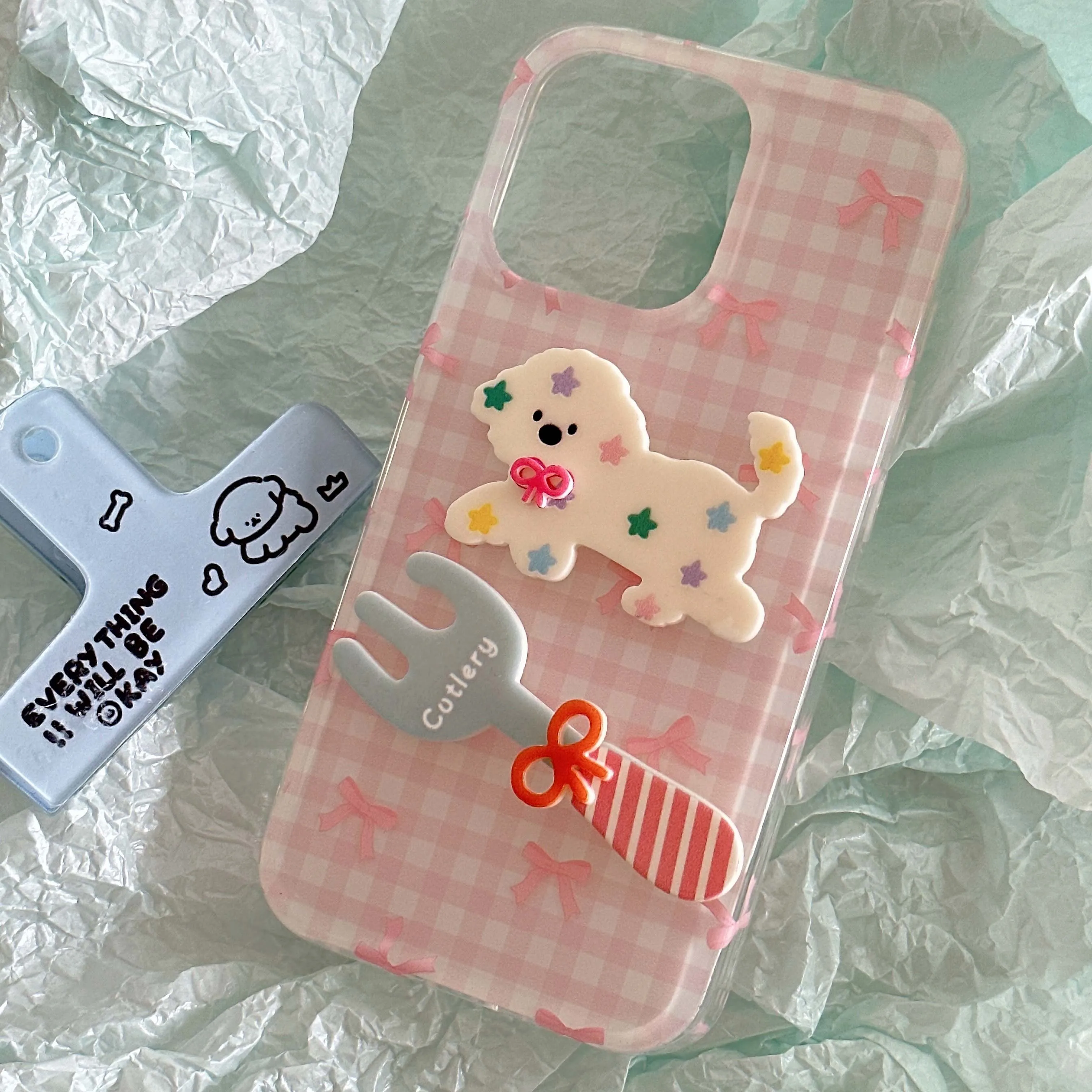 3D Puppy Cat Fork Ins Phone Case For Iphone 15promax 15 Pro Max 13Pro 14Pro 14 15Pro 12ProMax 13 Check Bowknot Summer Cute Cover