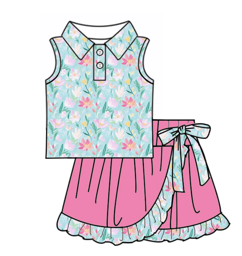 Boutique Hot-selling Girls Outfit collared sleeveless button-down top paired ruffled bow decoration mini skirt flower print