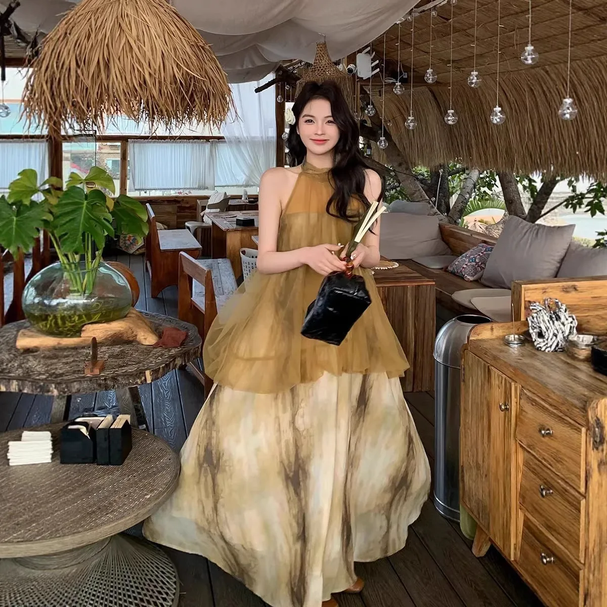 

Exquisite Dress for Women in Summer 2026 with Super Beautiful Splicing and Tie Dye Neck Hanging Fake Two Piece Long Skirt