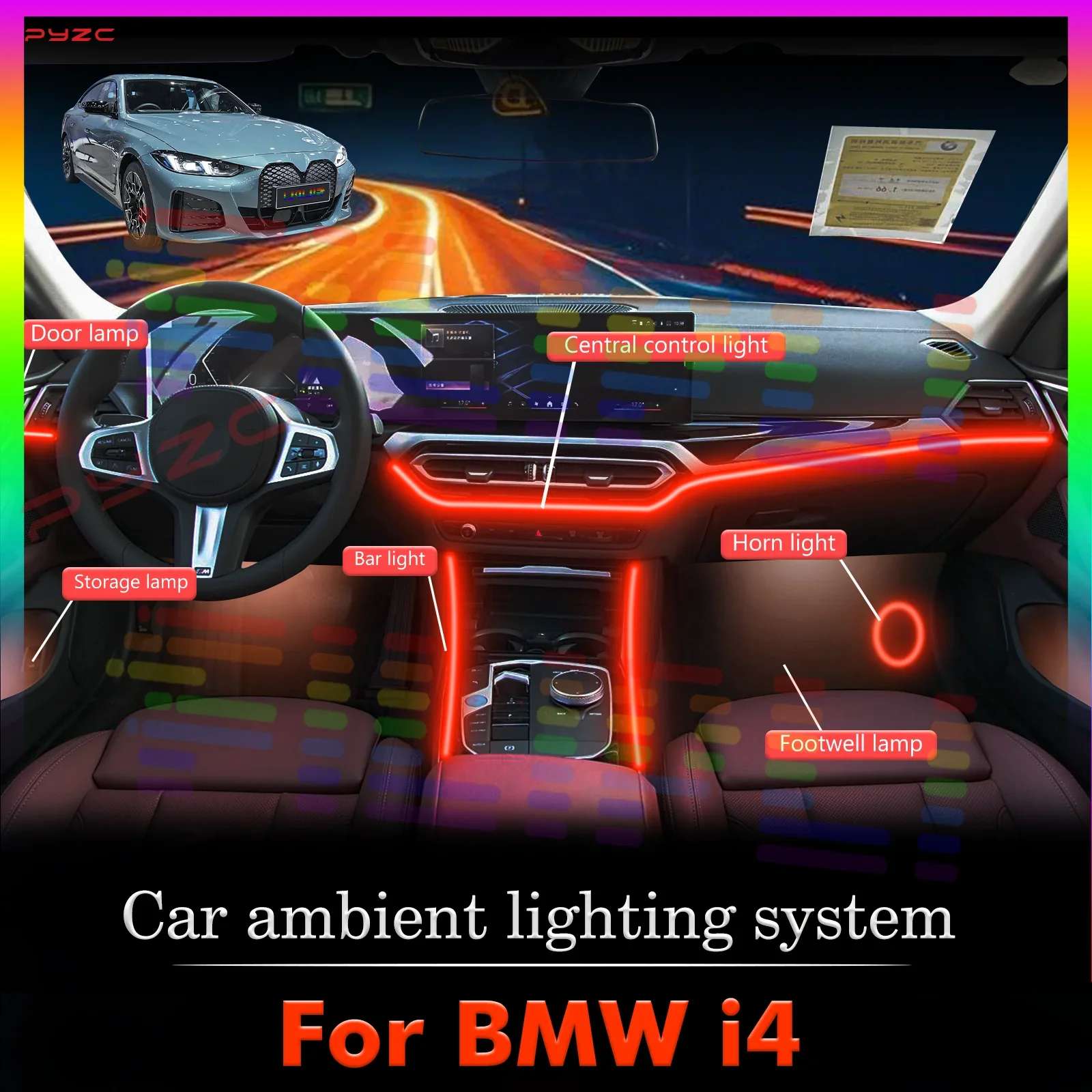 

Для BMW i4 салон автомобиля настроение окружающий свет RGB 64-цветный светодиодный умный пульт дистанционного управления атмосферная лампа энергосберегающий комплект