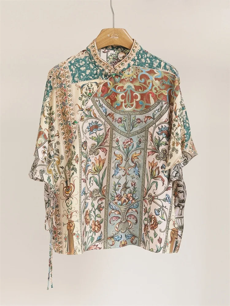 

Silk Loose Fit Women's Top with Stand Collar And Button Detail Floral Print Retro Style Commute Short Sleeve Chinese Origin