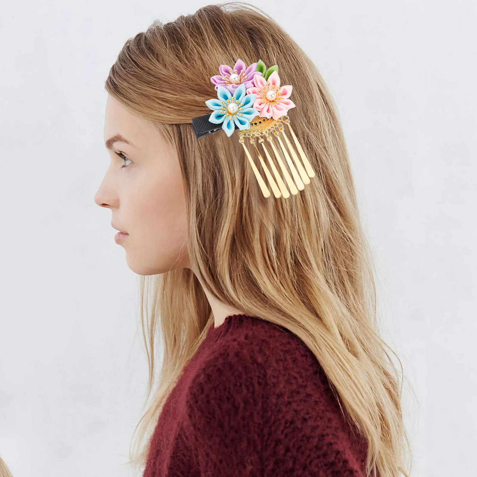 和風バレッタフラワーヘアクリップタッセルヘアピン結婚式ブライダルヴィンテージ着物ヘアグリップ装飾