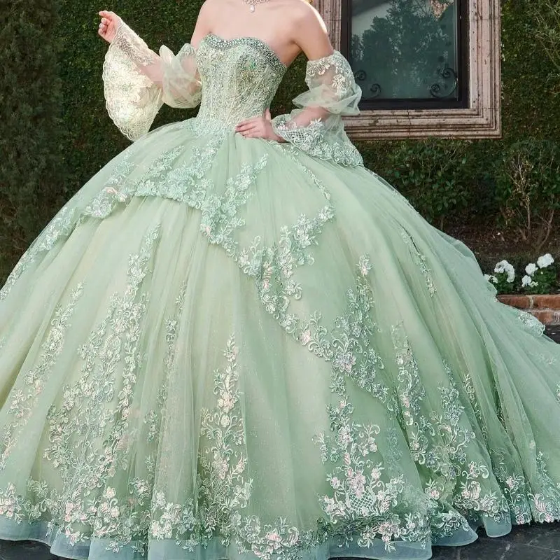 

Sage Green Shiny Quinceanera Dress Ball Gown Off The Shoulder Appliques Lace Beads Crystal Tull Sweet 16 Vestidos De 15 Anos