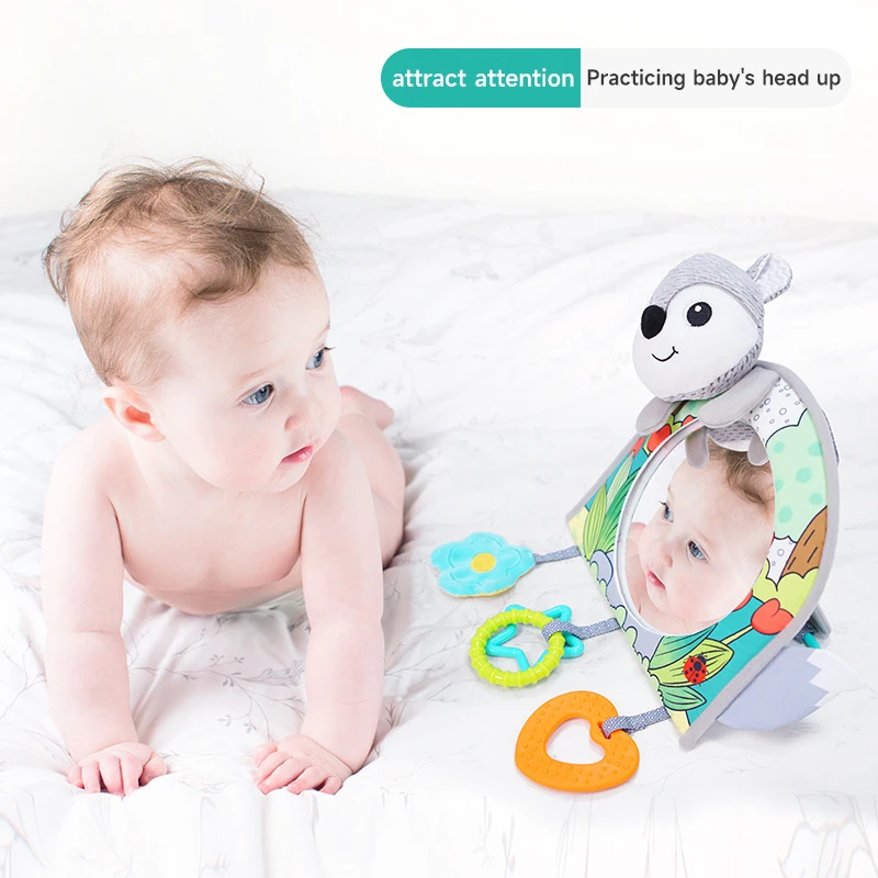 Baby Car Seat Toys Multi-Function Baby Mirror Toys Infant Soft Mirror Tummy Time Toys Hanging Squeaky Sensory Rattle Baby Toys