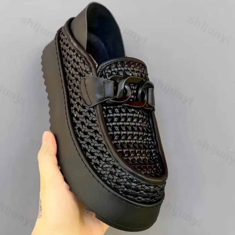 Men's Shoes 2026 New Thick Soled Height Increasing Trend Breathable Loafers Fashion Retro Weave Versatile Platform Casual Shoes