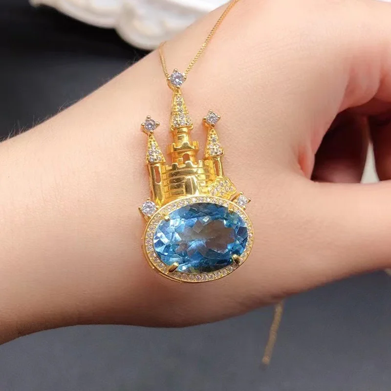 18K Yellow Gold Plating Topaz Pendant 12ct 12mm*16mm Natural Topaz Jewelry Solid 925 Silver Castle Necklace Pendant for Girl