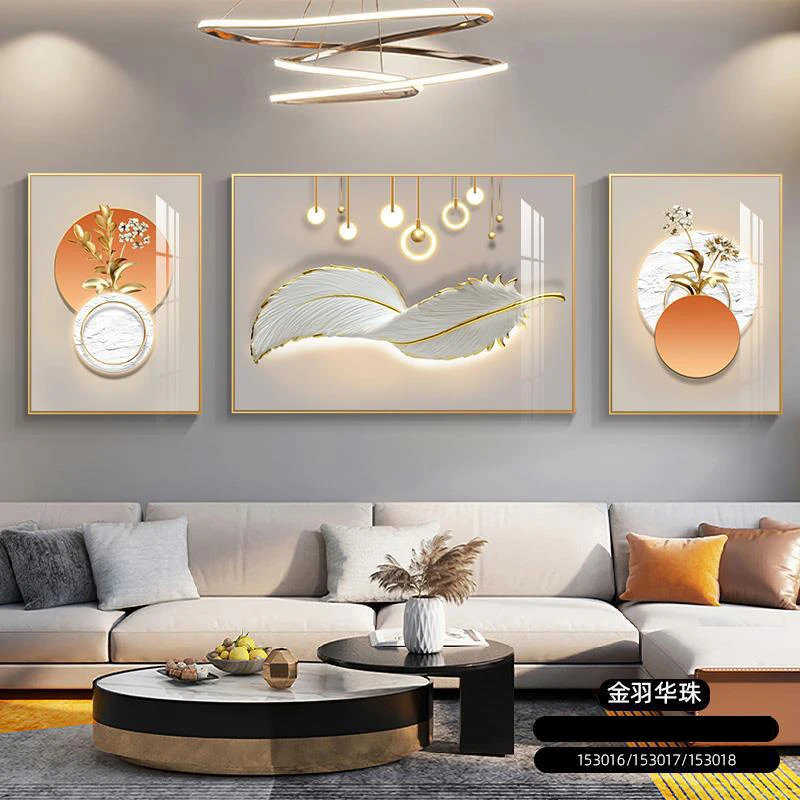 3 Panel Light Luxury Feather Canvas Painting Abstract Feng Shui Geometry Gold Deer Posters Prints for Living Room Wall Decor