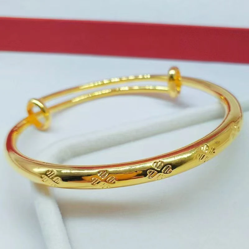 OUYADI Minimalist 14K Gold Plated Stainless Steel Sliding Bangle,Four‑Leaf Clover Embossed Engraving, Daily‑Wear Female Bracelet