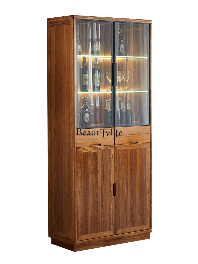 

Solid wood double-door wine cabinet with glass door Ebony home wall multi-functional locker