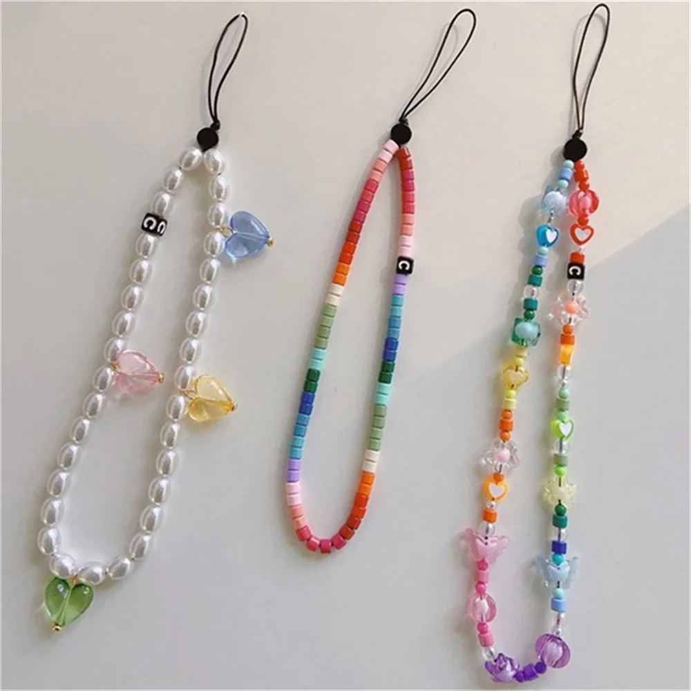 

Korean Cute Heart Beaded Phone Charm Strap Chain Lanyard Women Girl Jewelry Butterfly Phone Beads Pendant Decoration Wholesale