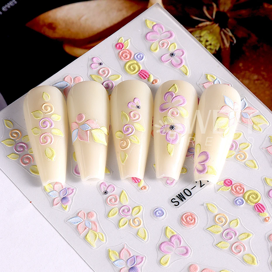 ملصق منقوش للأظافر بزهرة 5D ، بتلات أكريليك بيضاء وردية ، ملصق لاصق ، منزلقات أظافر أنيقة زهرية ، ديكور مانيكير ذاتي الصنع مريح