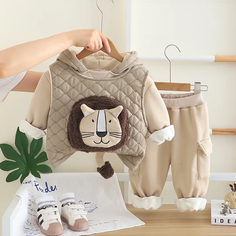 2025 Winter Baby Boys Fleece-Lined Hoodie Set Cartoon Print Cotton Warm Vest Pants 3-Piece Outfit for Kids Clothes