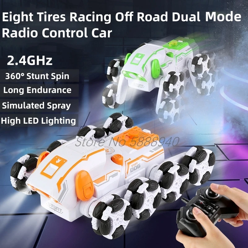 Eight Tires Racing Off Road Radio Control Car 2.4G 360° Stunt Spin Simulated Spray Highlight LED Lighting RC Car Robot Dog Toy