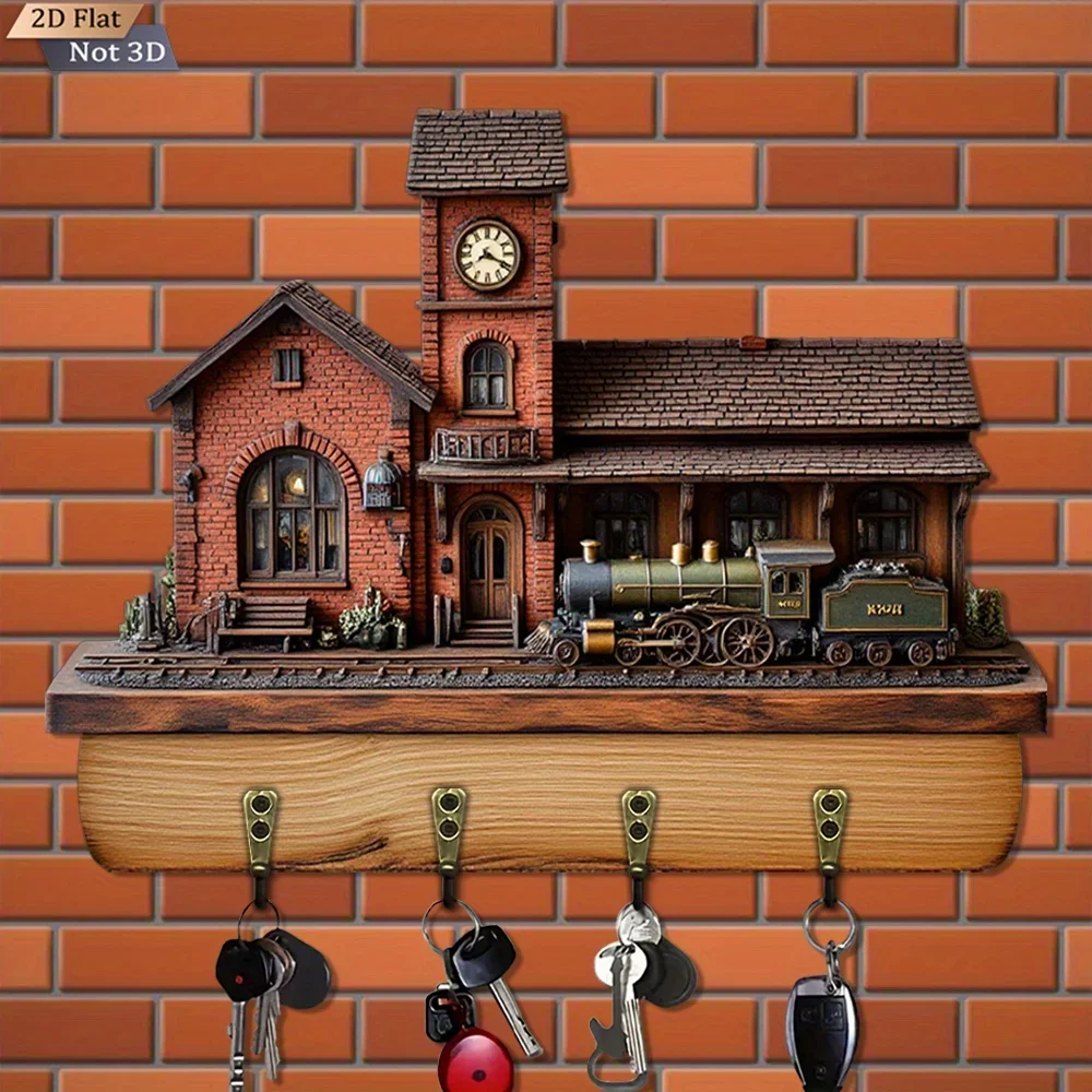 2D Flat, 1pc, Retro Train Station Model Key Hook, Wooden Multi-Purpose Home Key Holder with Four Metal Hooks, Suitable for Wall