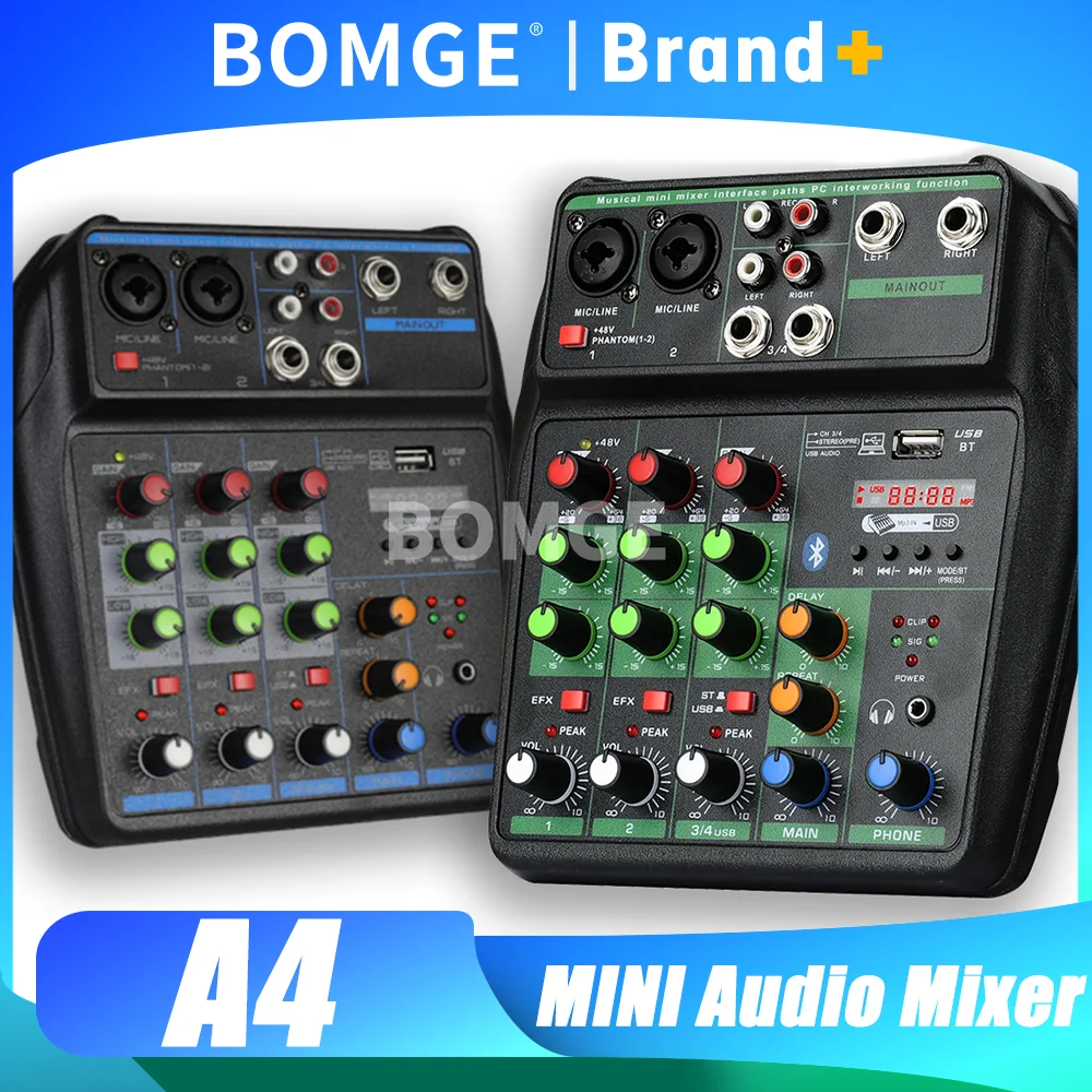 

4-канальный микшерный пульт для диджеев с Bluetooth, фантомным питанием 48В, мониторингом, караоке-системой и USB-аудиоинтерфейсом