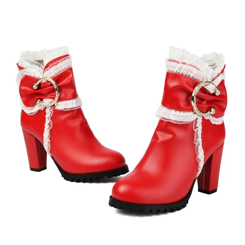 Sweet Bow Lace Trim British Style Women Leather Knight Ankle Boots Metal Buckle Side Zipper High Heel Short Boots