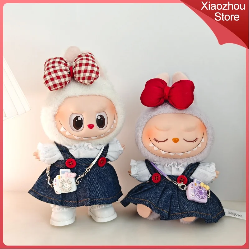 17cm LABUBU V1 V2 Doll Clothes Sitting Party Denim Back Dress Set Dolls Accessories Unique Design Fashion Cute Holiday Gift