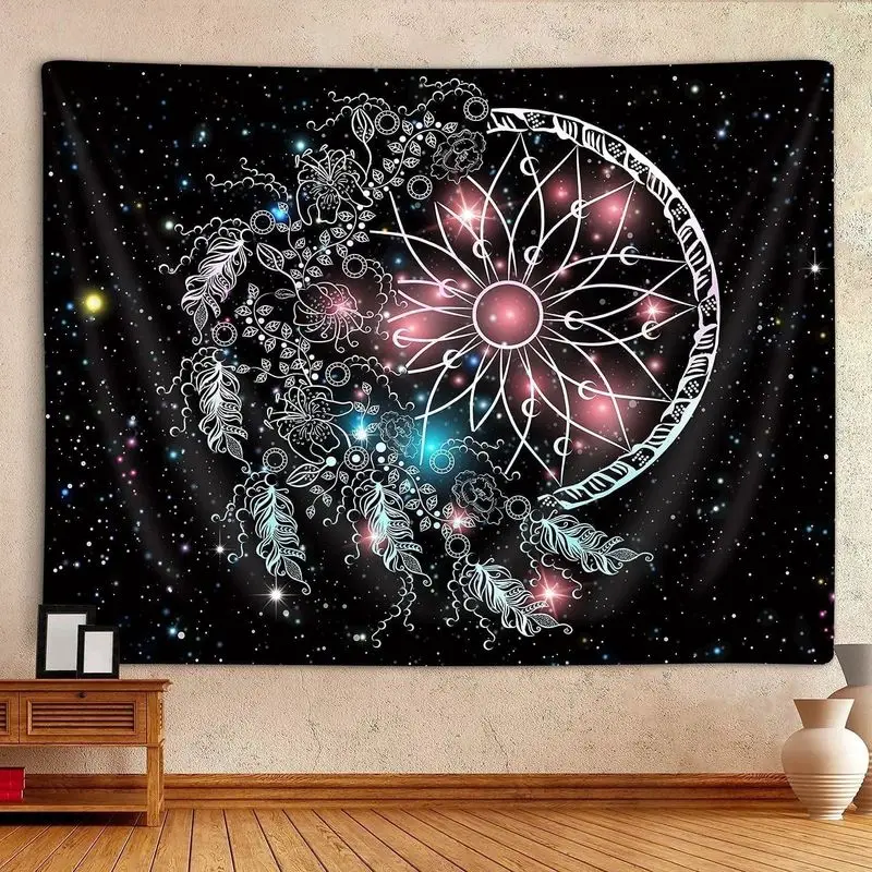 VIKAMA Dreamcatcher Moon Tapestry Wall Hanging Feather Flower Starry Galaxy Line Art Wall Decor for Bedroom Room Decoration