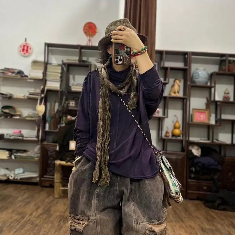 الخريف الشتاء الفنون نمط المرأة طويلة الأكمام فضفاضة الياقة المدورة القمم تيز الإناث عادية المرقعة تصميم تي شيرت جودة عالية F129 #5