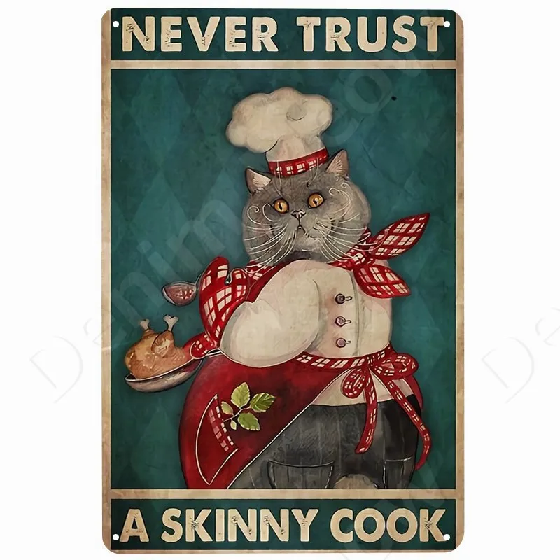 Black Cat Vintage Metal Tin Sign, Baking Cat Art Poster for Bar,Cafe,Home,Kitchen,Wall Decor,Never Way A Skinny Cook Sign N449