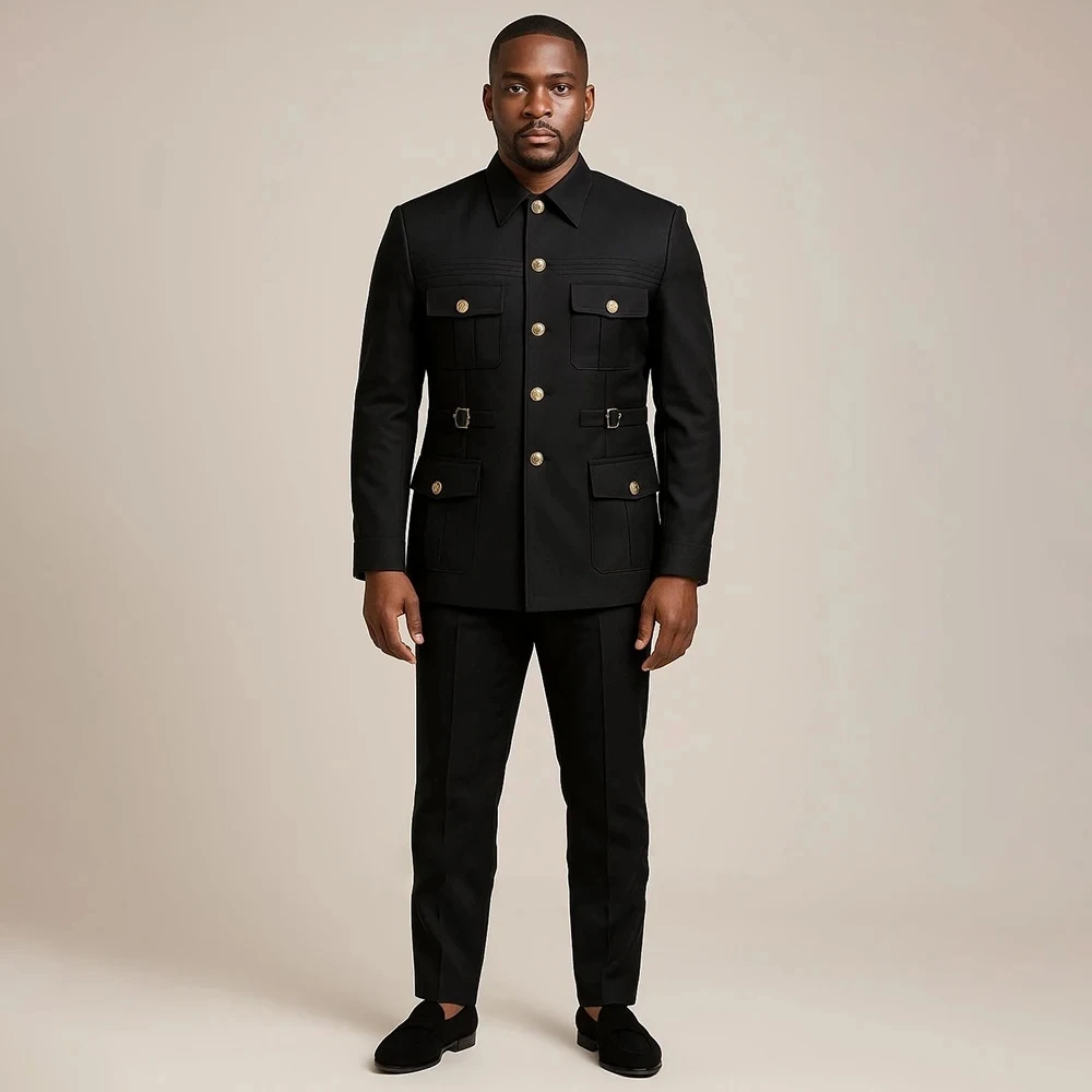 

Black Men's Formal Suits Single Breasted Stand Lapel Safari Daily 2 Piece Jacket Pants With Pockets Custom Male Clothing Sets