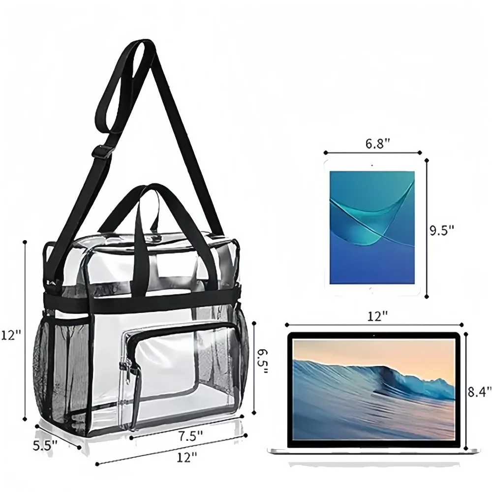 Bolsa Transparente Reforçada em PVC Aprovada para Estádios com Bolsos de Malha para Trabalho, Segurança, Concertos e Viagens