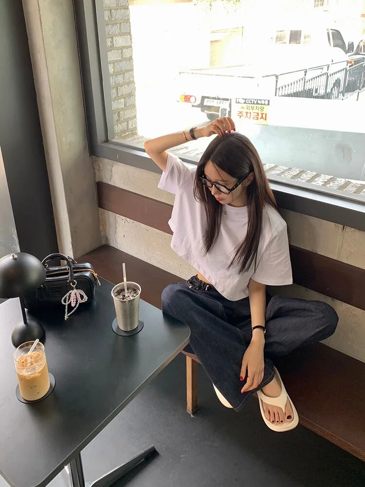 

Retro Deep Blue Women's Jeans Dstring Design Cool Versatile Wide Leg Dra Loose Floor-Length Pants High Waist Denim