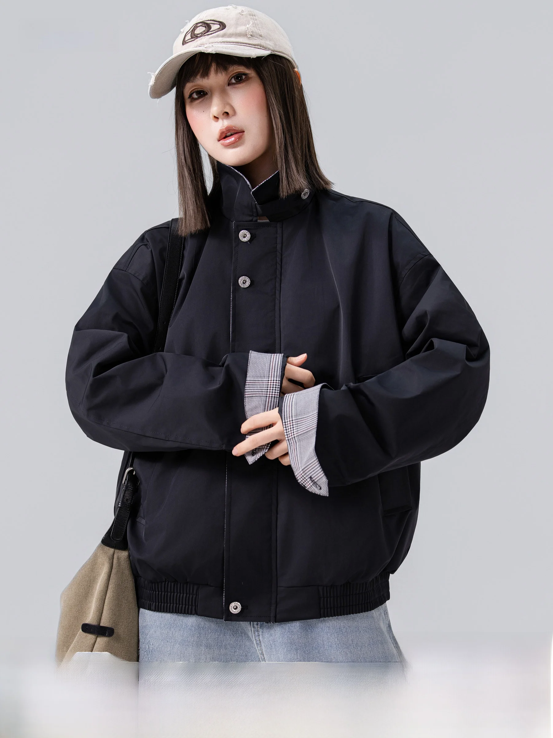 American Style Contrast Color Plaid Collar Jacket Loose Fit Unisex Autumn New Trendy Brand Outerwear Casual Style Zipper Closure
