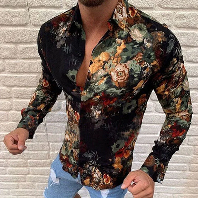 Men's Retro Floral Print Long Sleeve Shirt Men's Casual All-match Fashion Street Men's Shirt Lapel Single Breasted Long Sleeve