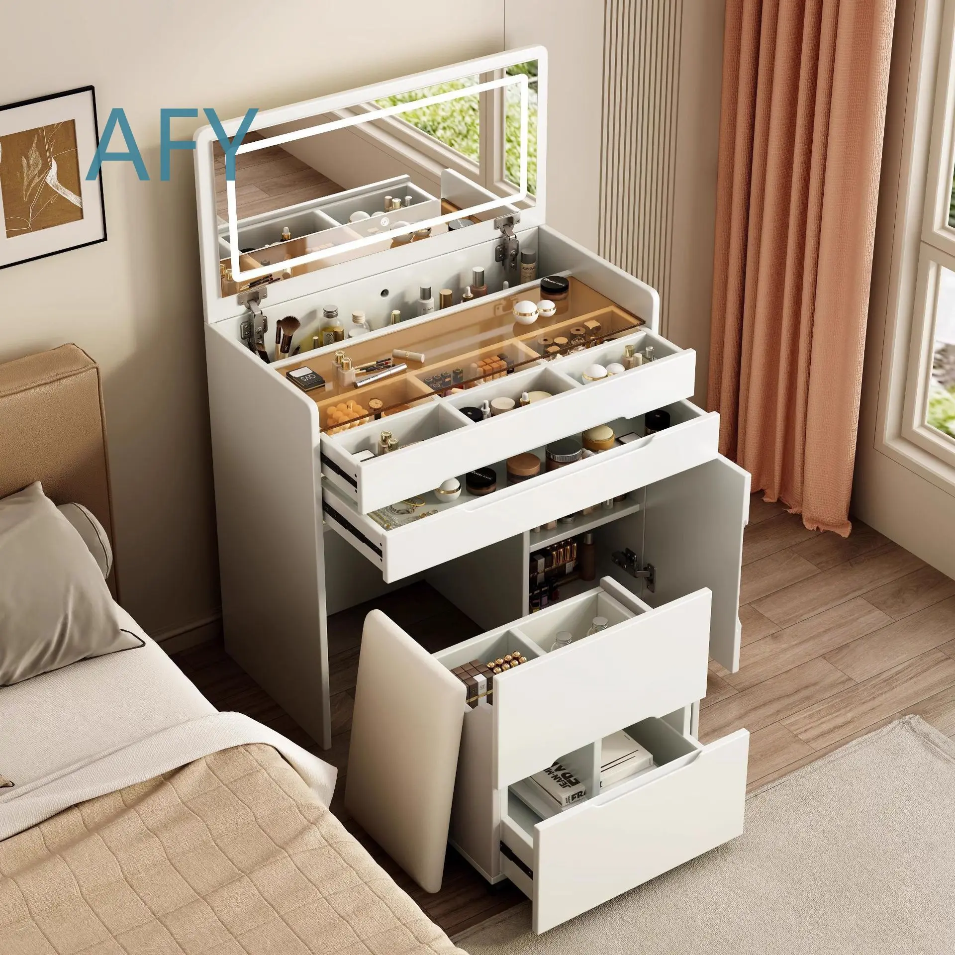 New Flip-Top Compact Dresser for Bedroom Modern Minimalist Cream Style Vanity Table with LED Light and Storage Cabinet