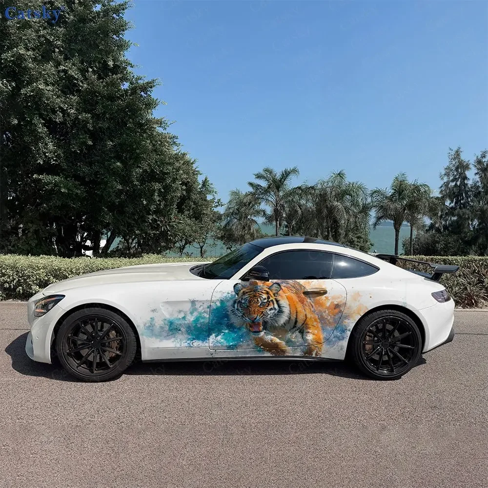 2pcs Artistic Splatter Tiger Car Side Wraps, Self-Adhesive PVC Waterproof & Scratch-Resistant Stickers, Car Accessory Gift
