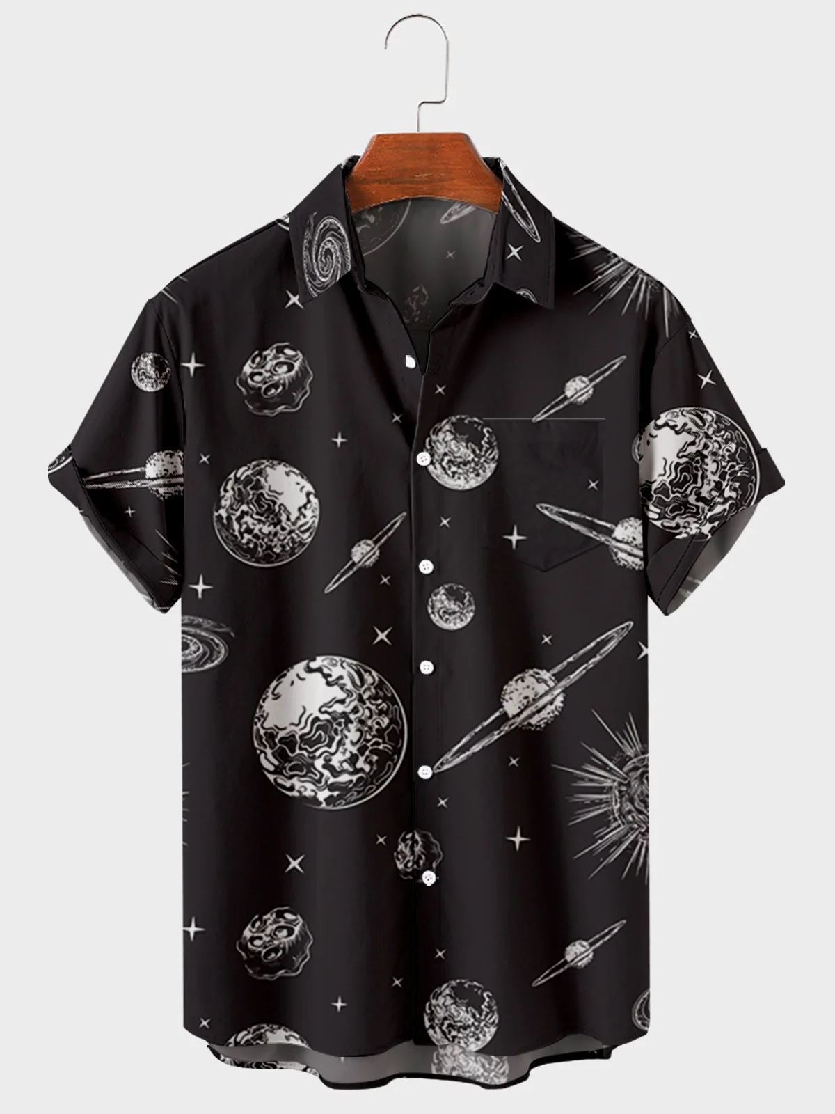 

2021 men's casual trend Harajuku starry sky pattern spring and summer shirt short sleeve chest pocket design fashion buttons 5