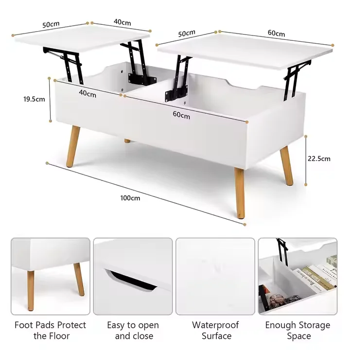 Height Adjustable Square Center Table Storage Compartment Multifunction Wooden Lift Top Coffee Table
