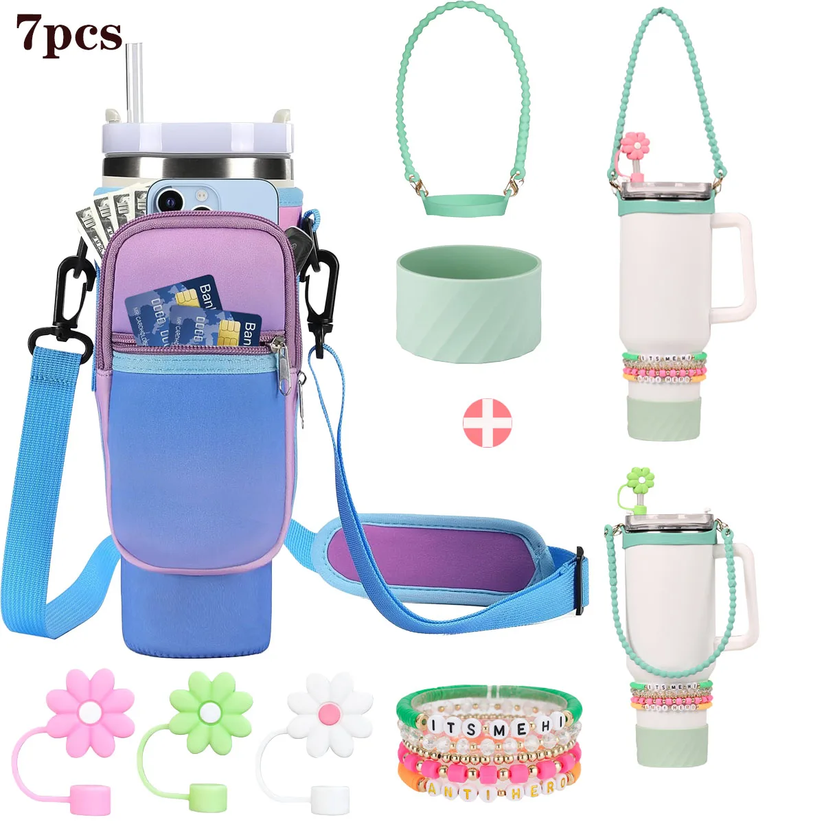 

7PCS Cup Accessories Set for 40oz＆30oz Straw Covers Cap,Boot,Charm,Water Bottle Sling,Water Bottle Carrier Bag