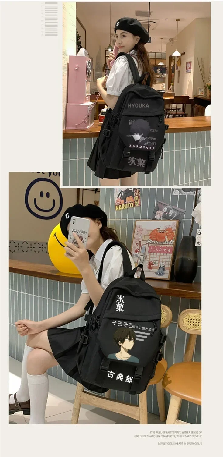 Mochilas anime para meninos e meninas, preto e branco, hyouka, mochilas escolares para estudantes e adolescentes, grande capacidade, presente para crianças, 30 × 43 × 13cm