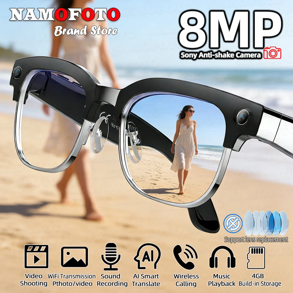 

Men Women AI Smart Glasses 8MP HD Camera Anti-shake Video Recording 4GB BT Call Translation Sunglasses Blue-blocking Glasses