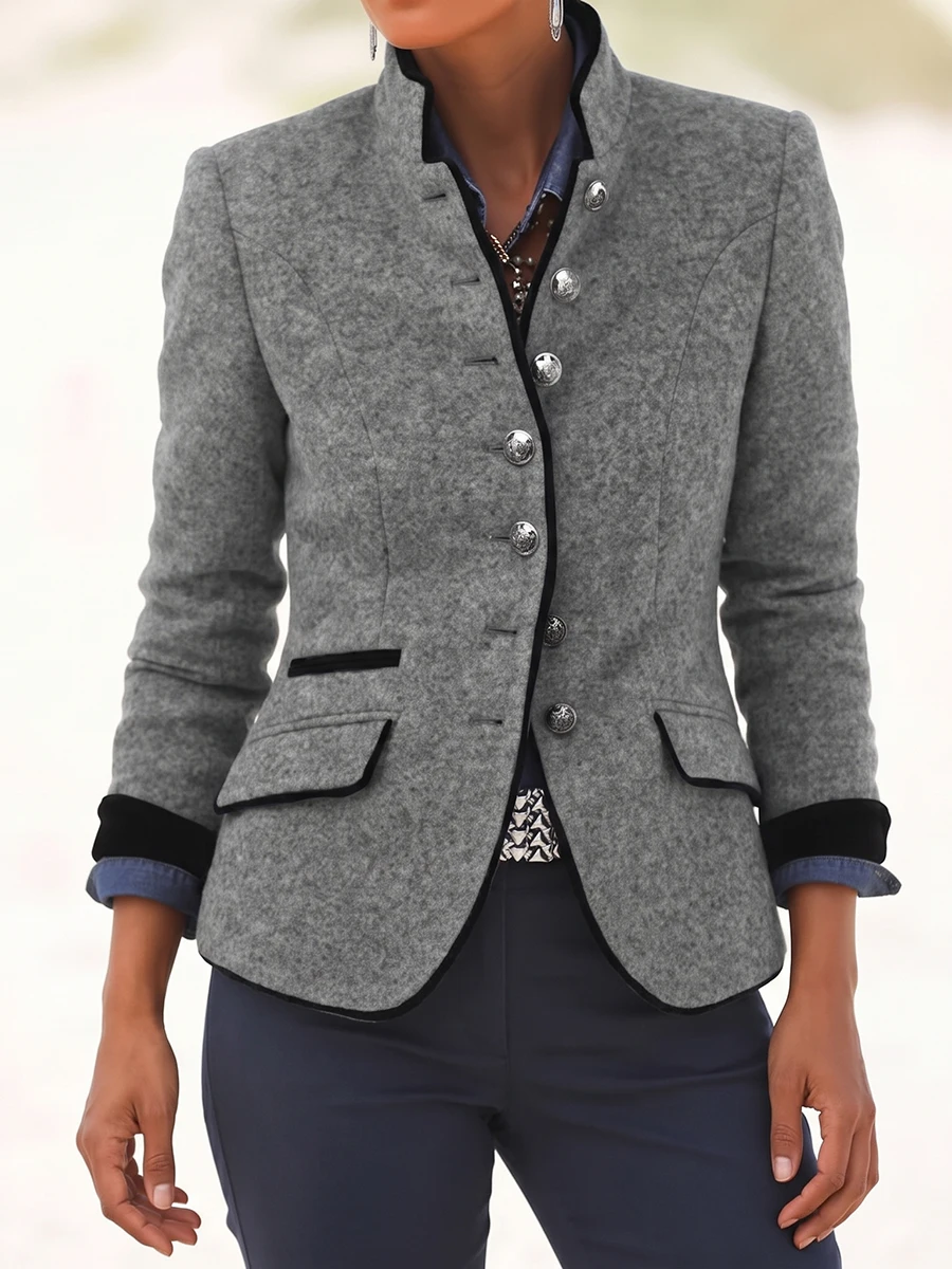 Vintage Woolen Blazer Jacket Women Autumn Winter Stand Collar Single Breasted Slim Fit Elegant Office Lady Suit Outerwear Coats