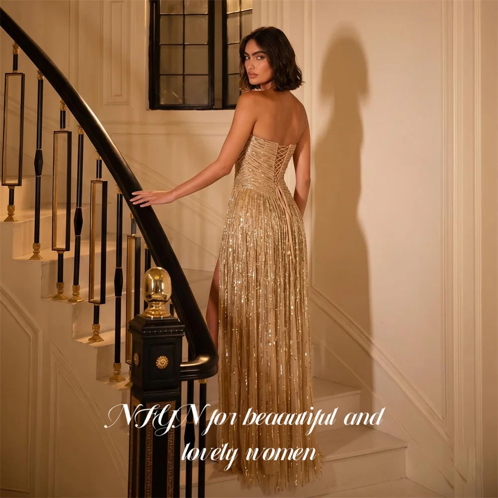 NFYN Golden Prom Dress Strapless Sleeveless Celebrity Dress Glitter Sequin Women's Evening Dresses Tassel Formal Gown Customized view 2
