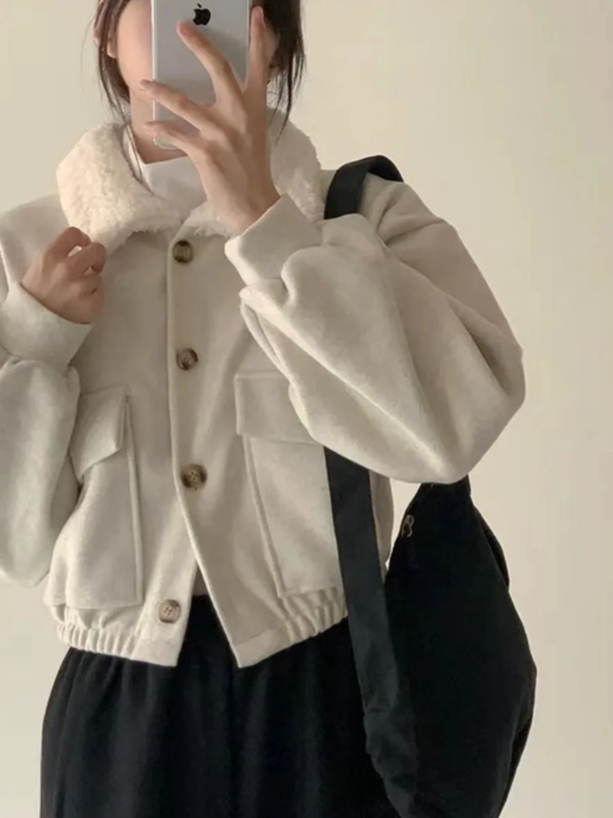 

Women's ort Woolen Coat Winter New Korean Version Fur Collar Single Button Loose Casual Versatile Small Size Top