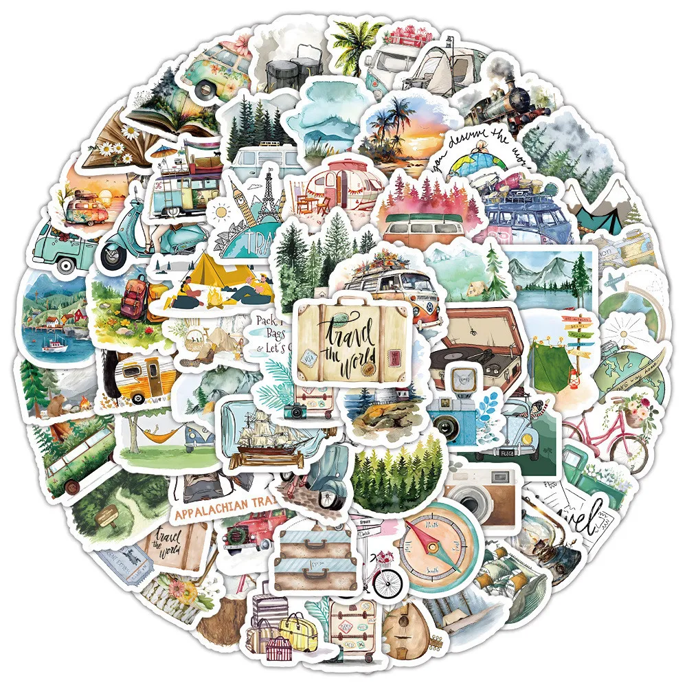 100PCS Spring Outing Outdoor Travel Graffiti Waterproof Stickers for Helmet Bicycle Hand Account Pencil Case Decals