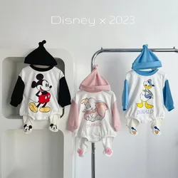 New Spring Autumn Baby Girl Boy Bodysuit Sets Long Sleeves Mickey Mouse, Donald Duck, Flying Elephant Jumpsuit Leggings Cap K892