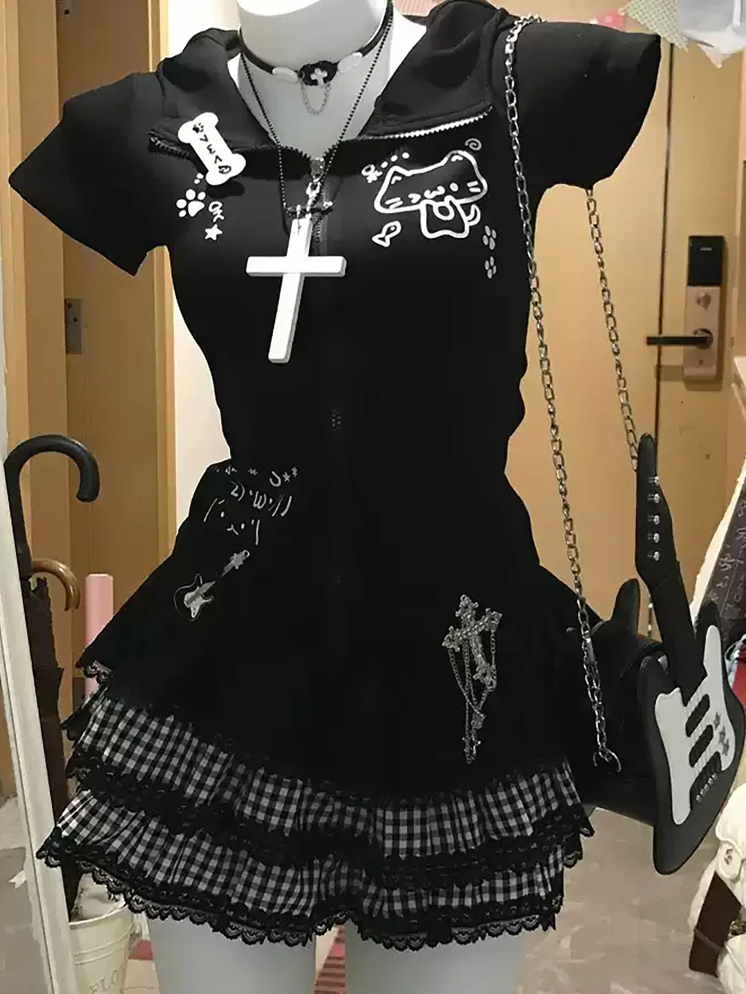 Conjunto de Moda Y2K com Estampa de Gato Adorável, Cardigan Slim Fit de Manga Curta e Saia de Bolo, Conjunto de Duas Peças pa...