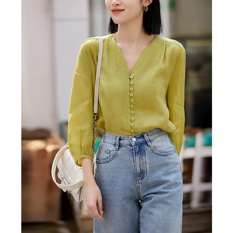 

Ramie Blouse Women Spring Summer Bubble Sleeve Shirts for Women Long Sleeved Women's Clothes V-neck Slim Tops Blusa Feminina