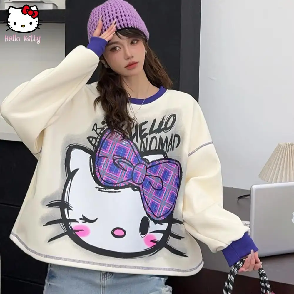 

2025 Sanrio, милые женские свободные топы с героями мультфильмов, новая толстовка с капюшоном Hello Kitty, свободный пуловер с длинными рукавами для девочек, большие размеры, топы для отдыха в стиле аниме